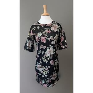 Vintage 90s Women's 6 Dress Black Floral Ribbed Whimsigoth Fairycore Grunge